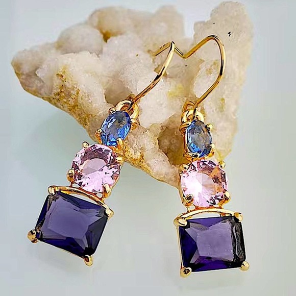 Gold Plated Amethyst Pink Zircon Blue Topaz Dangle Color Block Earrings - Picture 3 of 5